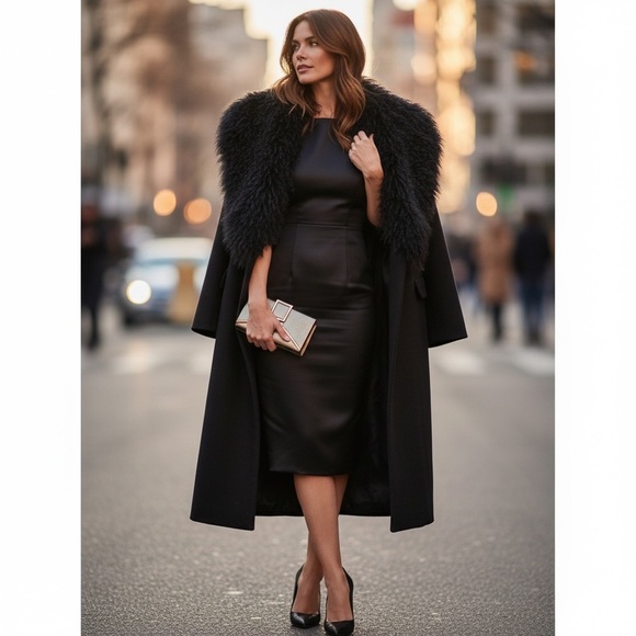 Banana Republic Black Wool Coat Removable Angora Fur Collar Medium Like New - Picture 4 of 12